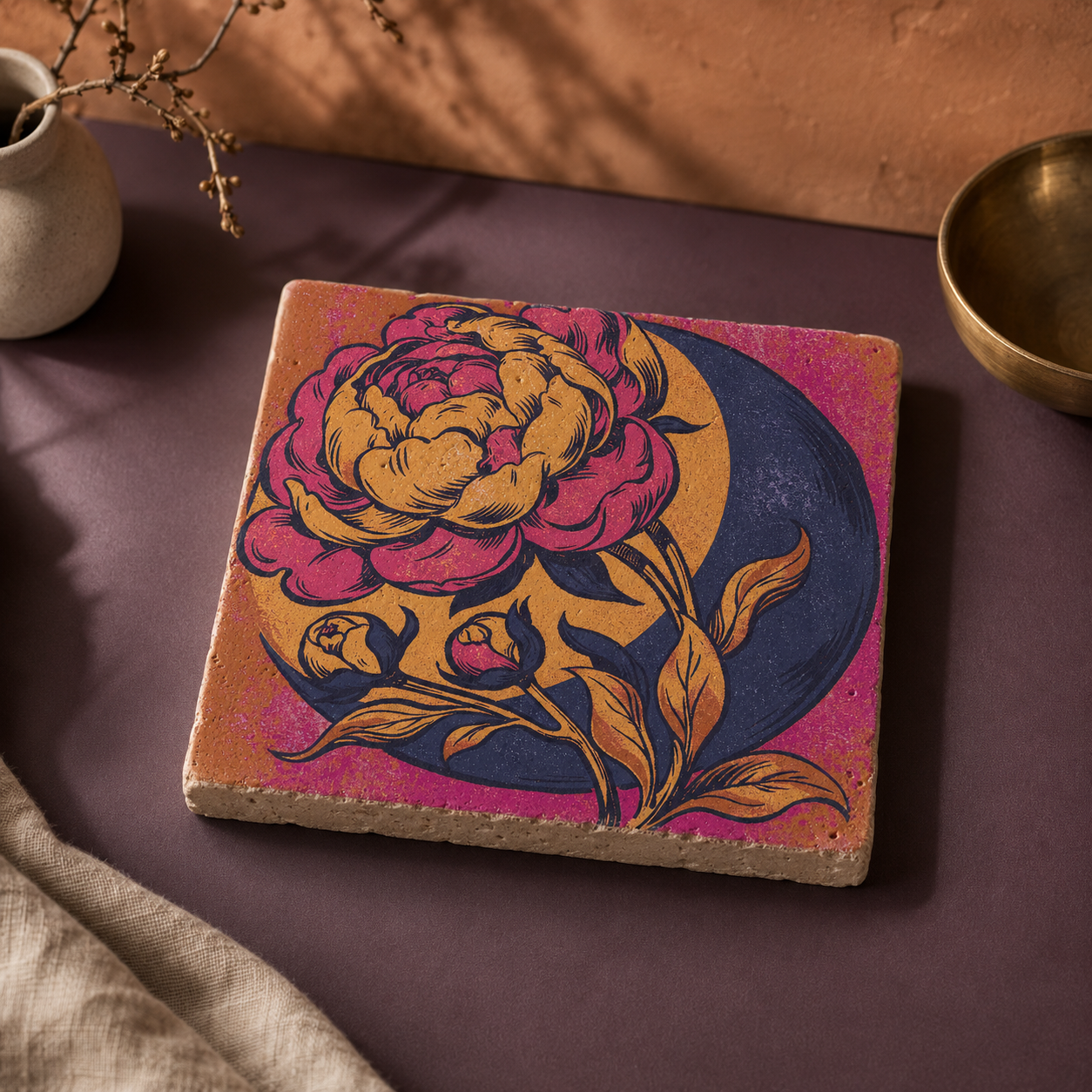 Liegende Travertinfliese mit grafischer Pfingstrose in Magenta, Goldorange und Nachtblau.