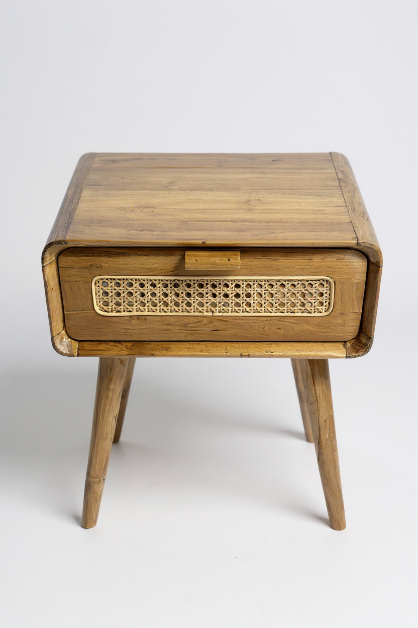 Nachttisch aus Teak mit Rattan-Schublade, Frontansicht – Beistelltisch 60 × 50 × 40 cm, Candelae / FaHome.