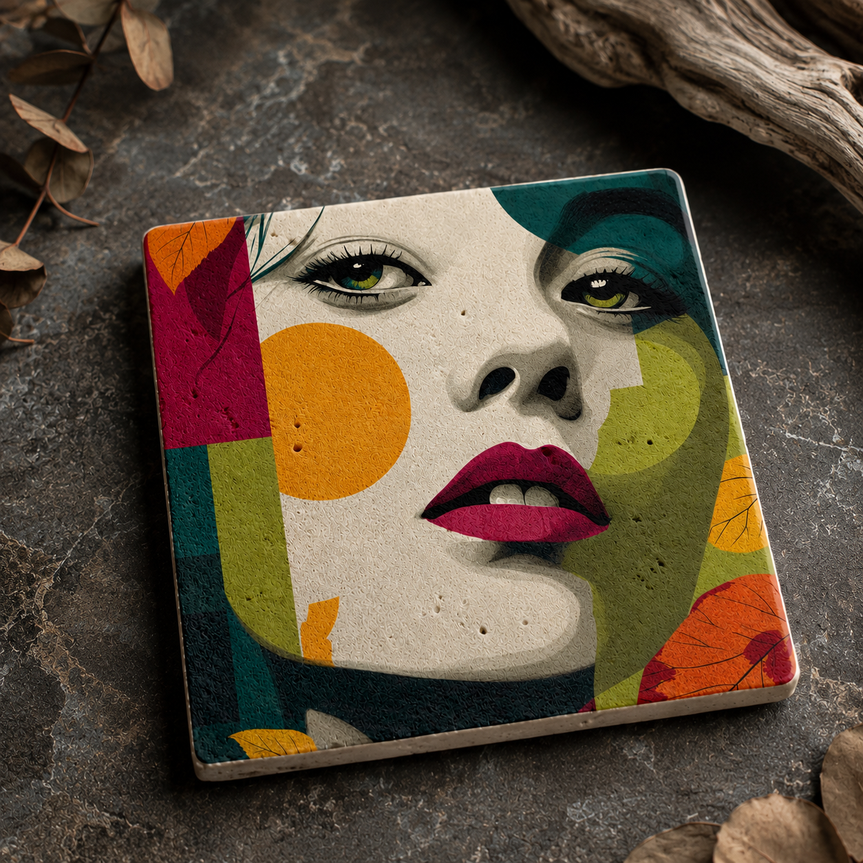 Urban Muse No. 01 – Modernes Pop-Art Frauenporträt auf echtem Travertin als kleines Kunstwerk für stilvolle Wohnraumdekoration und exklusiver Untersetzer.